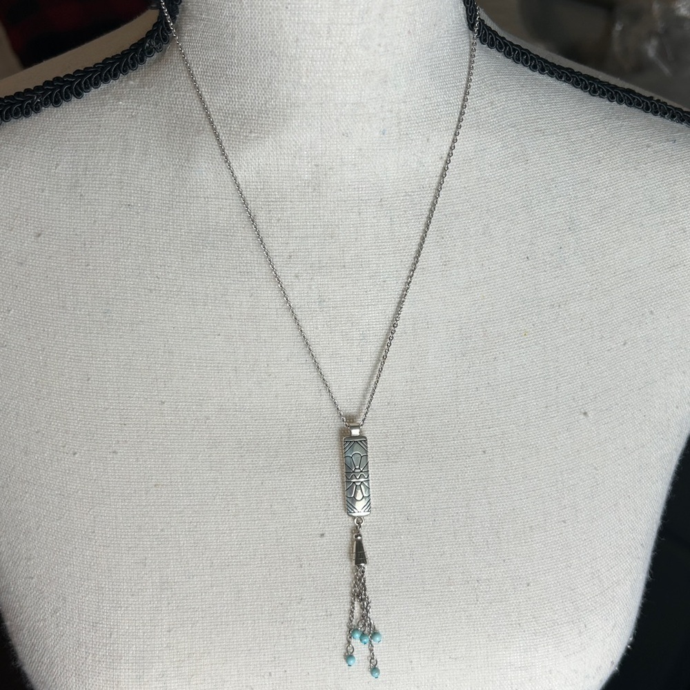 Brighton Marrakesh Mesa Necklace Tassel Turquoise Hue Silver Plated Etched Bar - Picture 4 of 15